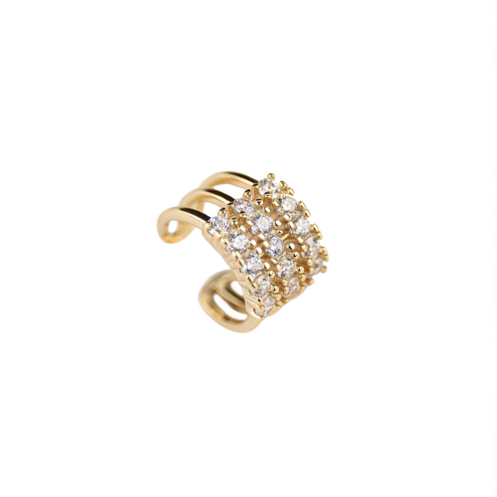 Earcuff TRINITY à trois rangées recouvert d'or 18 carats par Isadora Boutique.