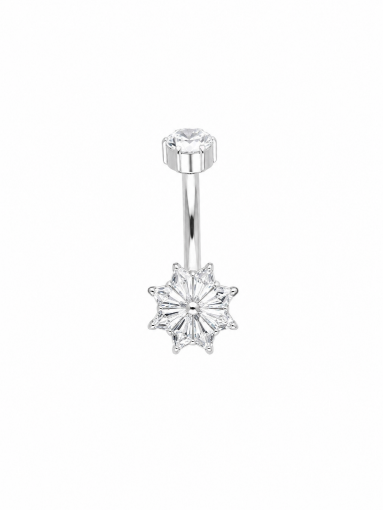 Silver navel piercing with a star set with white crystals and white zirconia.