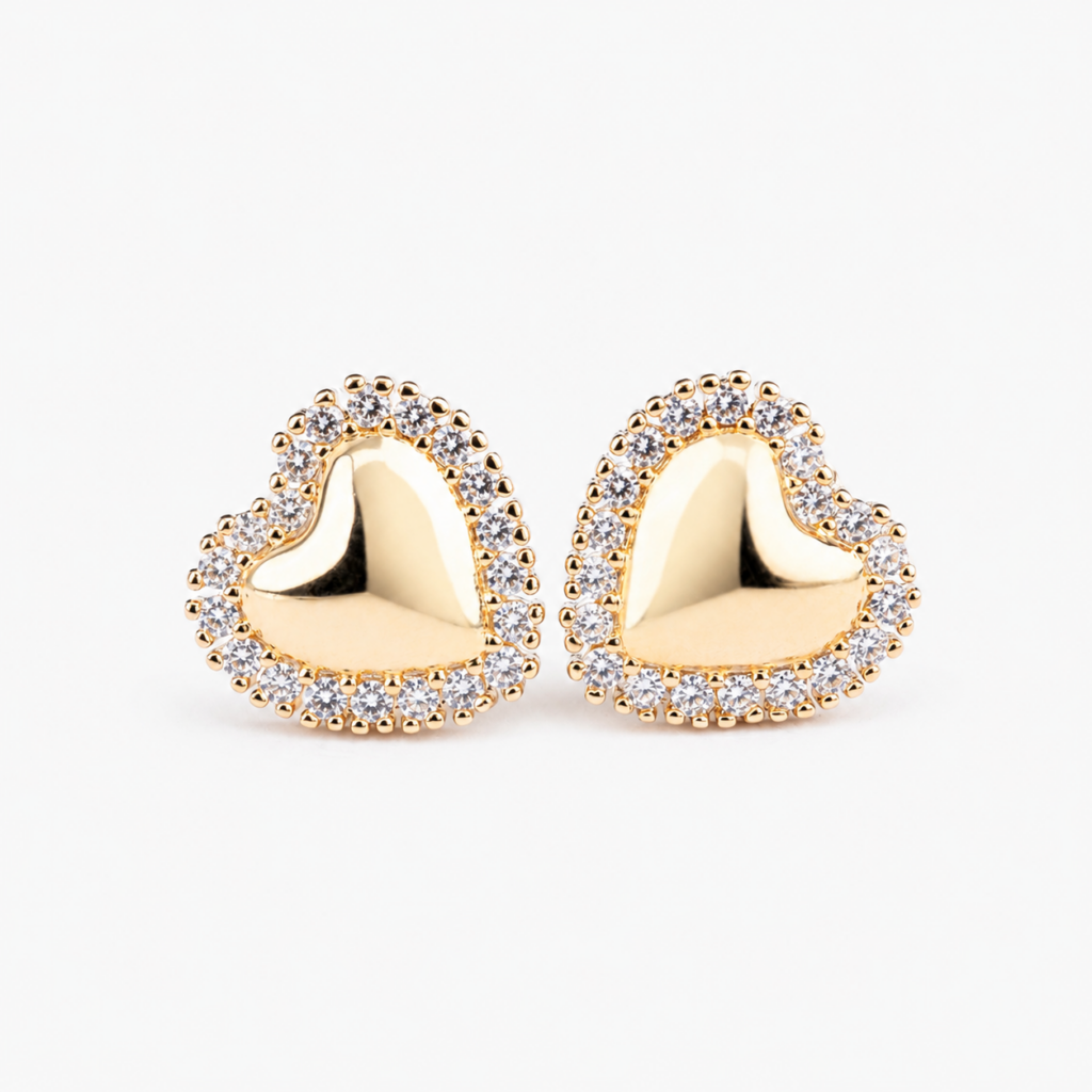 Gold EMBLEM heart-shaped earrings set with white cubic zirconia.<br/>
